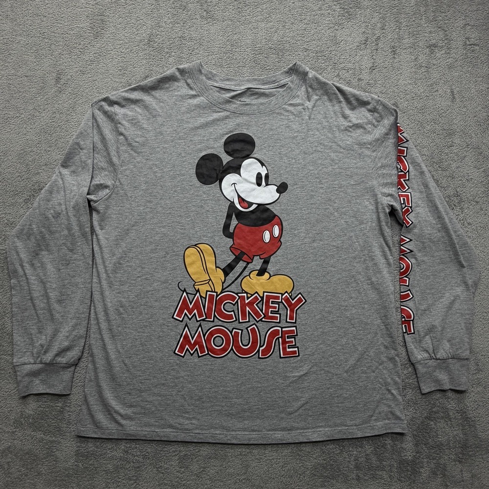 Mickey Mouse Shirt Womens 1X Plus Gray Long Sleeve Disney Graphic Crewneck Tee